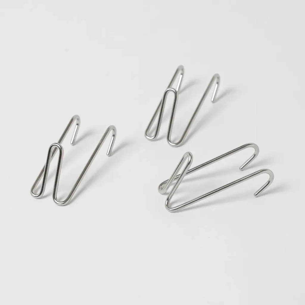 Bild zeigt drei WoodUpp‑Metallhaken: gebogene silberne Drahtstücke in W‑/Zickzackform mit jeweils zwei nach außen gebogenen Endhaken, glänzende Edelstahloptik, kompakt und leicht, schlanke, nahtlose Verarbeitung, modernes reduziertes Design; geeignet zum Aufhängen von Kleidung, Handtüchern oder Accessoires, dezent auf weißem Hintergrund arrangiert.