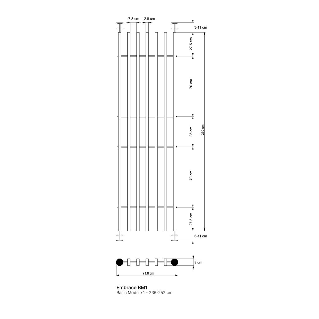 Technische Zeichnung von WoodUpp Embrace BM1 Basic Module 1. Vertikale Holzlamellen (acht schmale Leisten) zwischen zwei runden Metallpfosten mit verstellbaren Decken-/Bodenbefestigungen, horizontale Verbindungsstreben. Zeigt Front- und Seitenansicht, Grundriss mit Abständen, Montagehinweisen und detaillierten Maßen (Breite 71,6 cm, Höhe 236–252 cm).