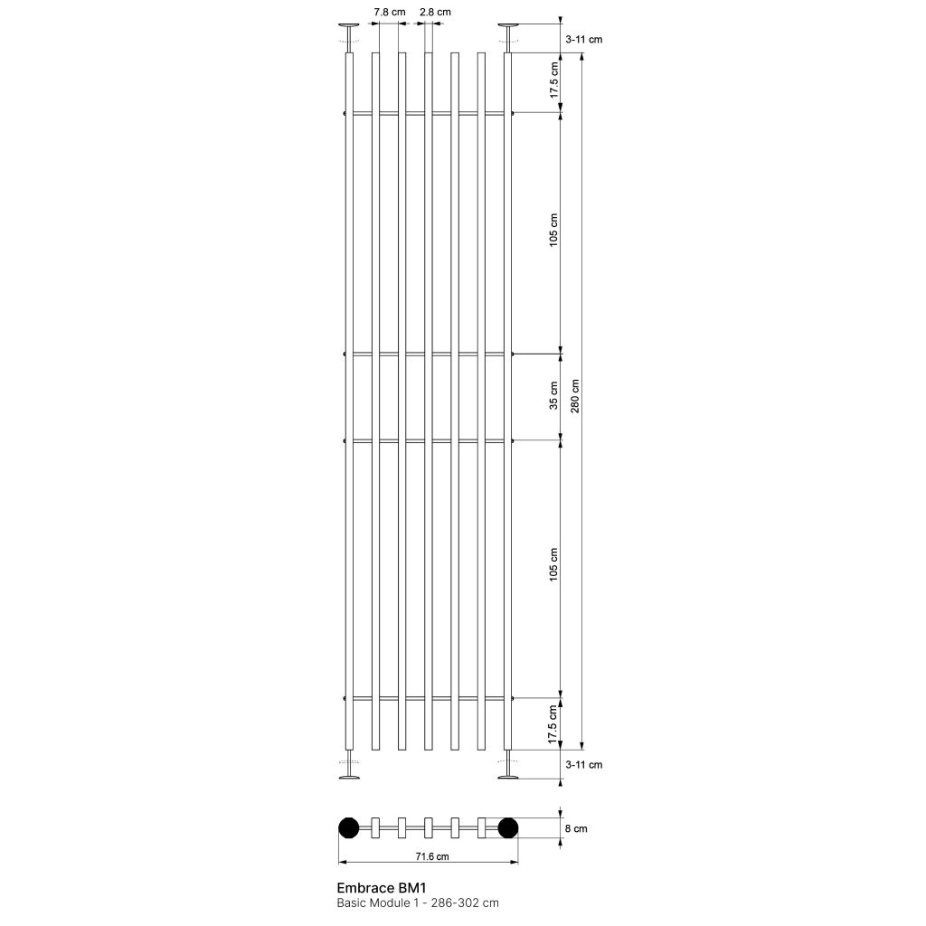 Technische Zeichnung des WoodUpp Embrace BM1 Basic Module 1: schmale vertikale Holzlamellen (7 Stück) in gleichmäßigem Abstand auf 71,6 cm Breite, montiert zwischen einstellbaren Decken-/Boden-Teleskopstangen (Höhe ca. 286–302 cm). Dünne Lamellen mit ca. 2,8 cm Stärke, horizontale Querstangen sichtbar, runde Deckenkappen und Bodenfüße dargestellt.